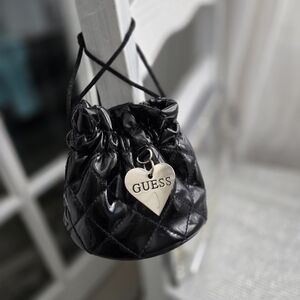 GUESS 🖤 Black Quilted Mini Bag with Heart Charm & Drawstring